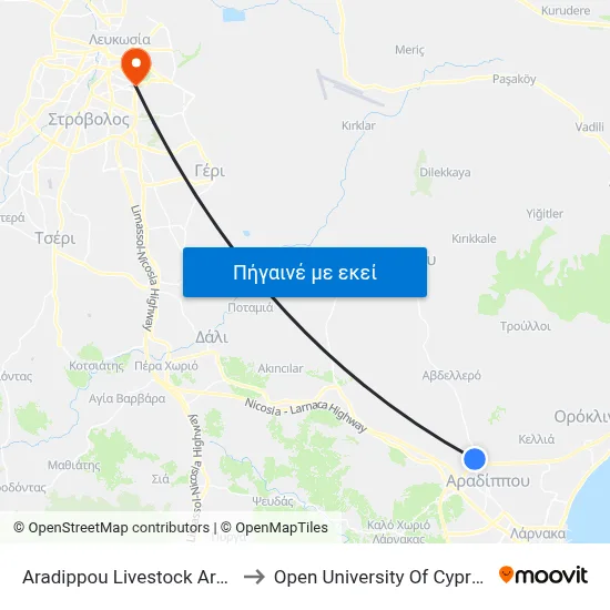 Aradippou Livestock Area to Open University Of Cyprus map