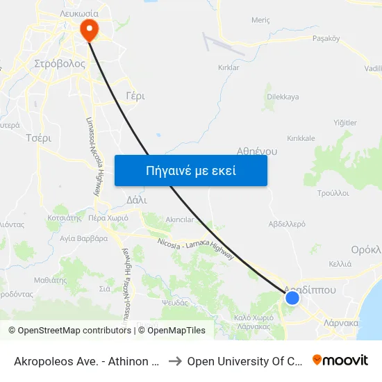 Akropoleos Ave. - Athinon Ave. to Open University Of Cyprus map