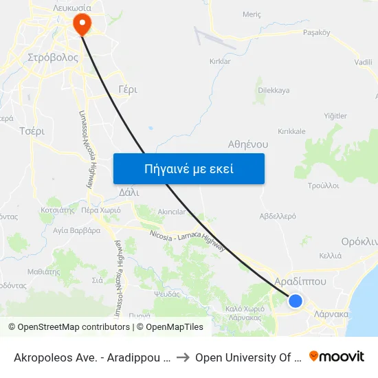 Akropoleos Ave. - Aradippou Ind. Area to Open University Of Cyprus map
