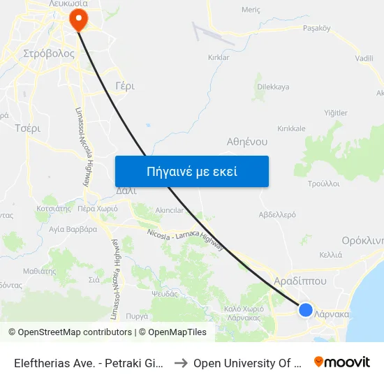 Eleftherias Ave. - Petraki Giallourou to Open University Of Cyprus map