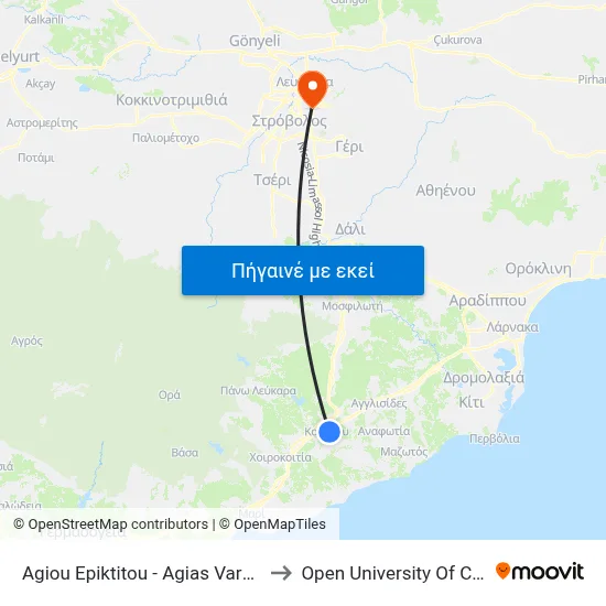 Ag. Epiktitou - Ag. Varvaras to Open University Of Cyprus map