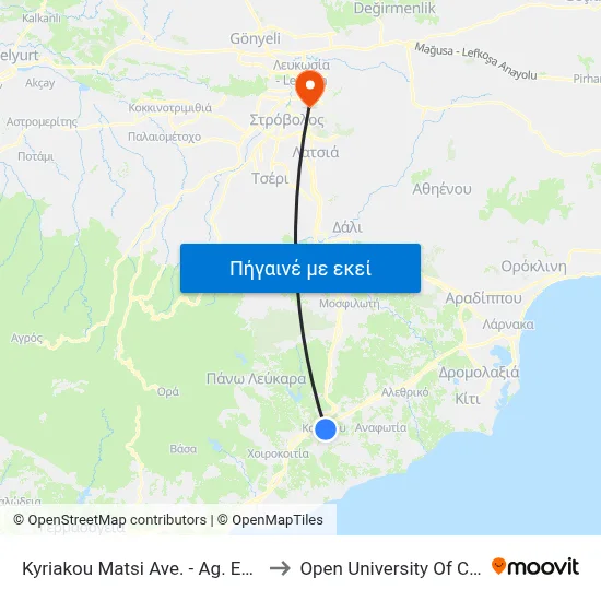 Kyriakou Matsi Ave. - Ag. Epiktitou to Open University Of Cyprus map
