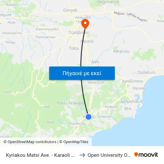 Kyriakou Matsi Ave. - Karaoli Kai Dimitriou to Open University Of Cyprus map