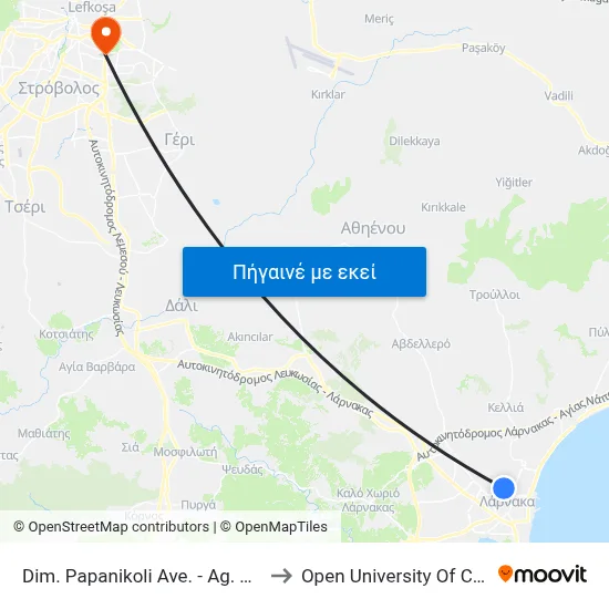Dim. Papanikoli Ave. - Ag. Theklis to Open University Of Cyprus map