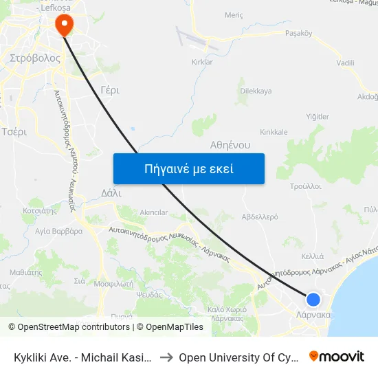 Kykliki Ave. - Michail Kasialou to Open University Of Cyprus map