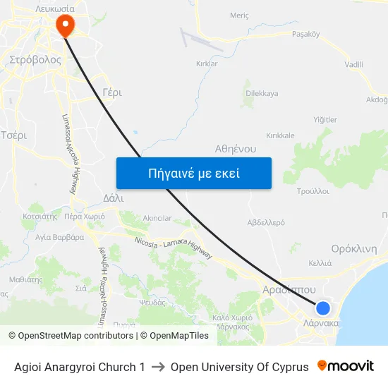 Ag. Anargyroi Church to Open University Of Cyprus map