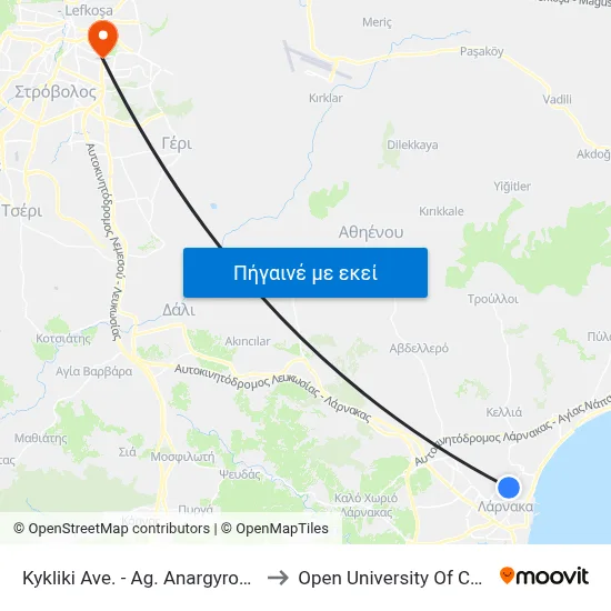 Kykliki Ave. - Ag. Anargyron Ave. to Open University Of Cyprus map