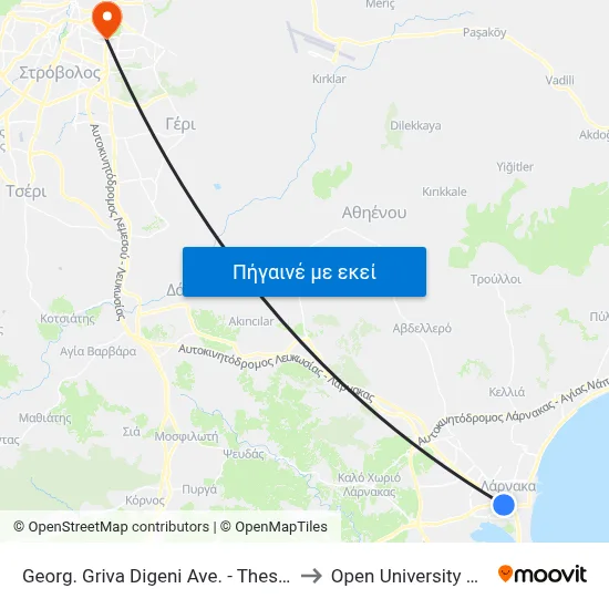 Georg. Griva Digeni Ave. - Thessalonikis Ave. to Open University Of Cyprus map