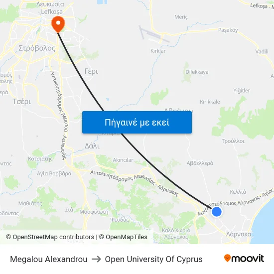 Megalou Alexandrou to Open University Of Cyprus map