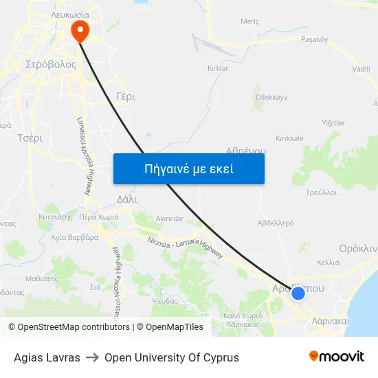 Ag. Lavras to Open University Of Cyprus map