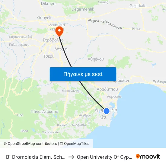 B´ Dromolaxia Elem. School to Open University Of Cyprus map