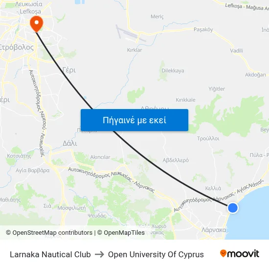 Larnaka Nautical Club to Open University Of Cyprus map