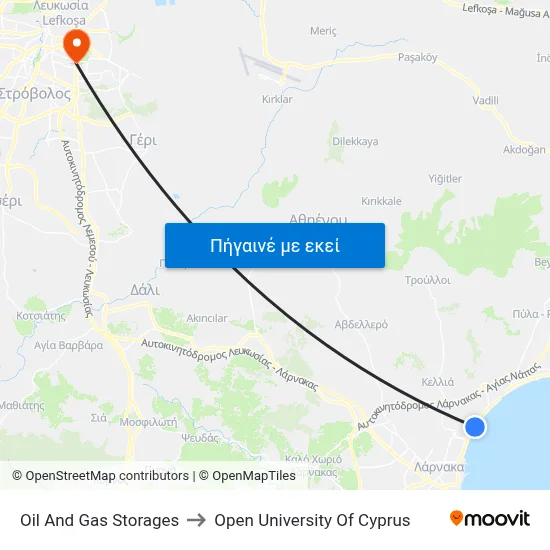 Oil And Gas Storages to Open University Of Cyprus map