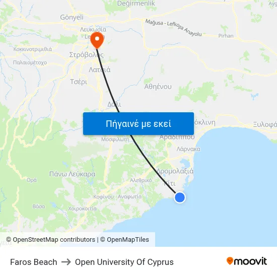 Faros Beach to Open University Of Cyprus map