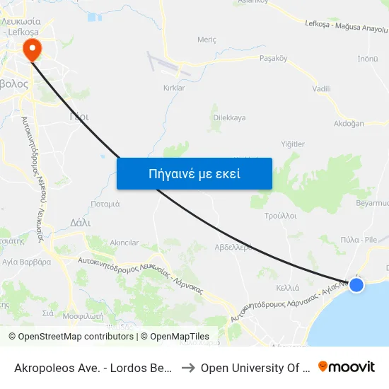Akropoleos Ave. - Lordos Beach Hotel to Open University Of Cyprus map