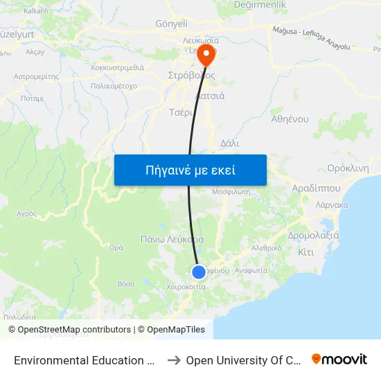 Environmental Education Centre to Open University Of Cyprus map