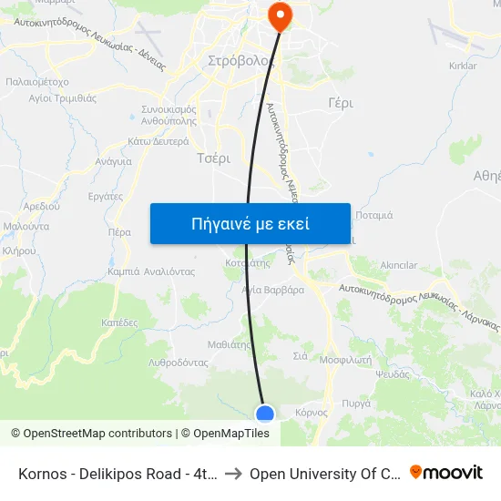 Kornos - Delikipos Road - 4th Stop to Open University Of Cyprus map