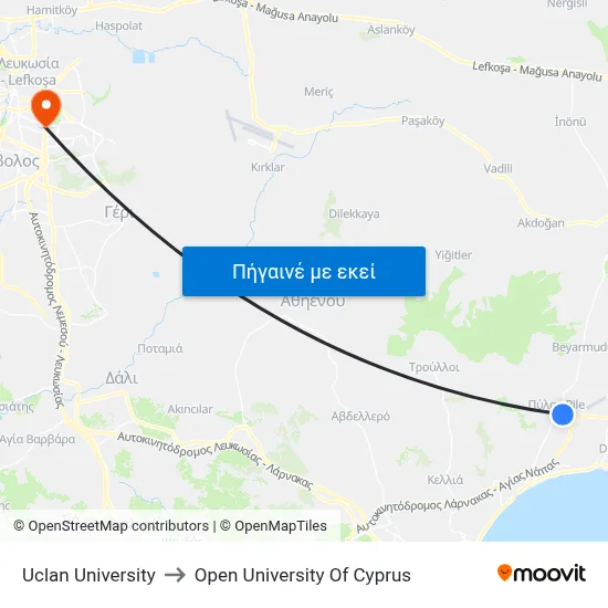 Uclan University to Open University Of Cyprus map