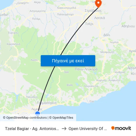 Tzelal Bagiar - Ag. Antonios Church to Open University Of Cyprus map
