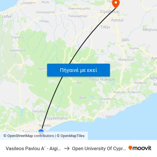 Vasileos Pavlou A´ - Aiginis to Open University Of Cyprus map