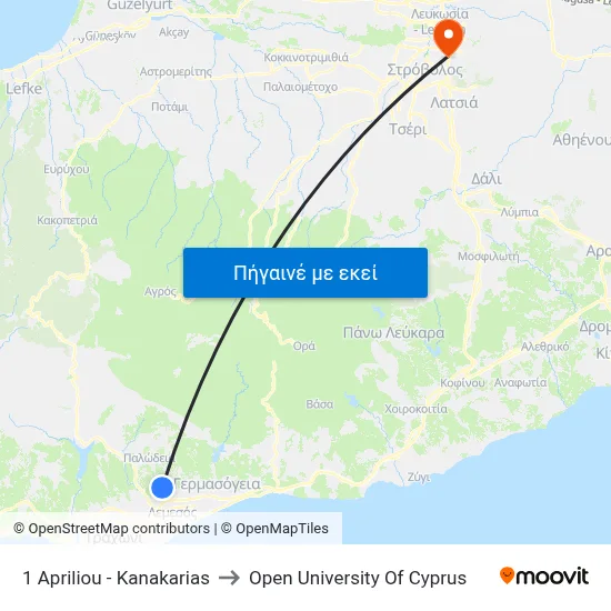 1 Apriliou - Kanakarias to Open University Of Cyprus map