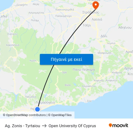 Ag. Zonis - Tyrtaiou to Open University Of Cyprus map