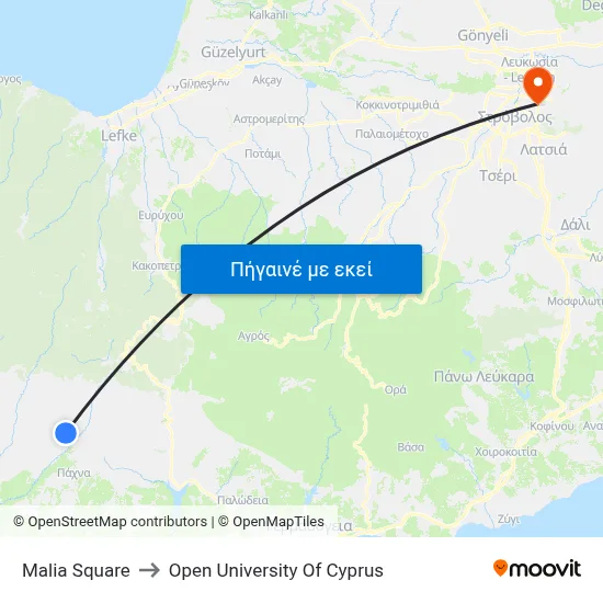 Malia Square to Open University Of Cyprus map