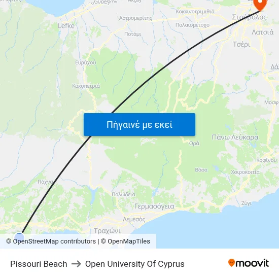 Pissouri Beach to Open University Of Cyprus map