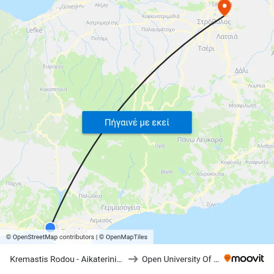 Kremastis Rodou - Aikaterinis Kornaro to Open University Of Cyprus map