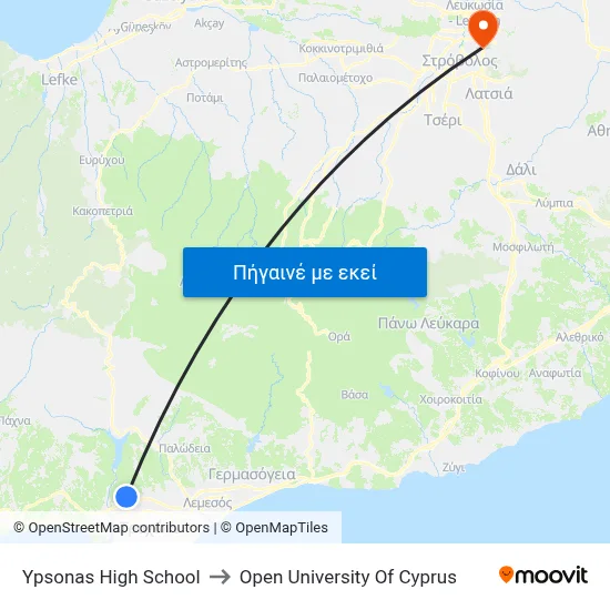 Ypsonas High School to Open University Of Cyprus map
