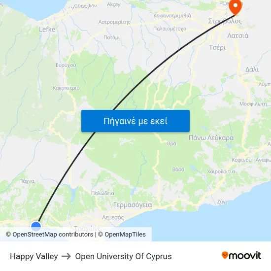 Happy Valley to Open University Of Cyprus map