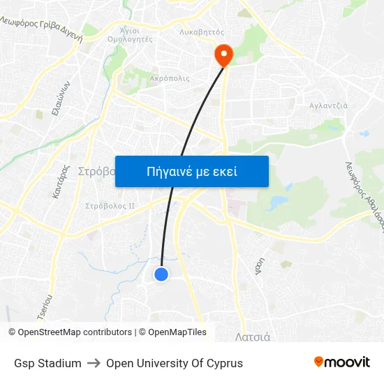 Gsp Stadium to Open University Of Cyprus map