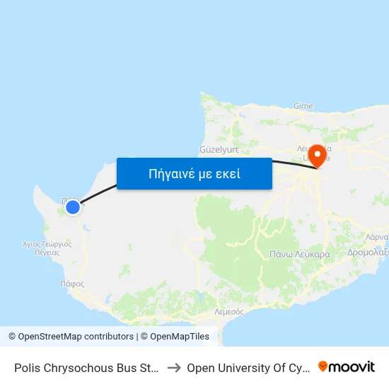 Polis Chrysochous Bus Station to Open University Of Cyprus map