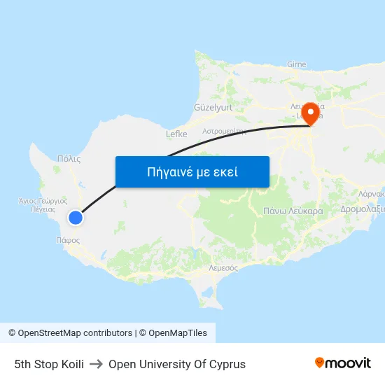 5th Stop Koili to Open University Of Cyprus map