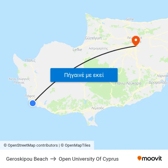 Geroskipou Beach to Open University Of Cyprus map
