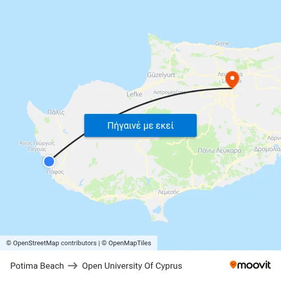 Potima Beach to Open University Of Cyprus map
