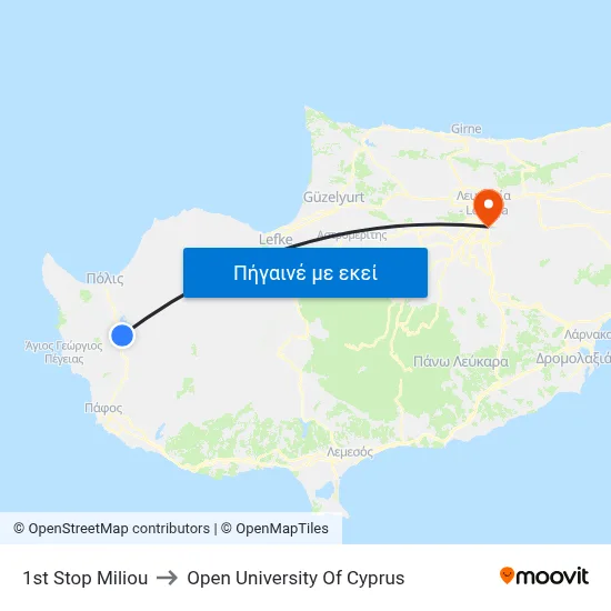 1st Stop Miliou to Open University Of Cyprus map