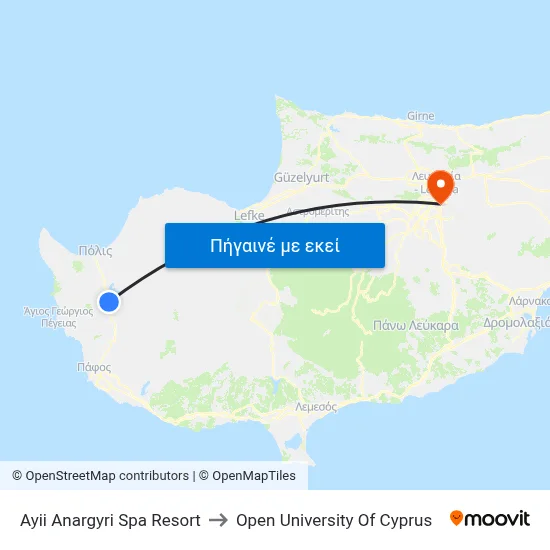 Ayii Anargyri Spa Resort to Open University Of Cyprus map