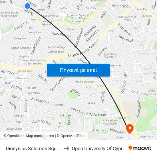 Dionysios Solomos Square to Open University Of Cyprus map