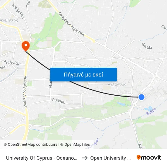University Of Cyprus - Oceanography Center to Open University Of Cyprus map