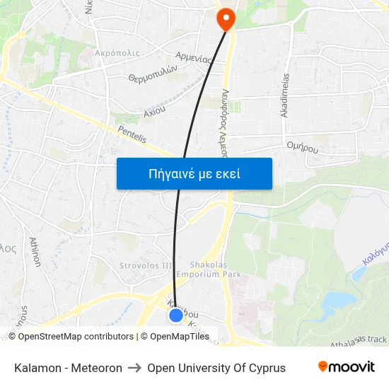 Kalamon - Meteoron to Open University Of Cyprus map