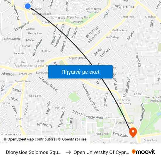 Dionysios Solomos Square to Open University Of Cyprus map