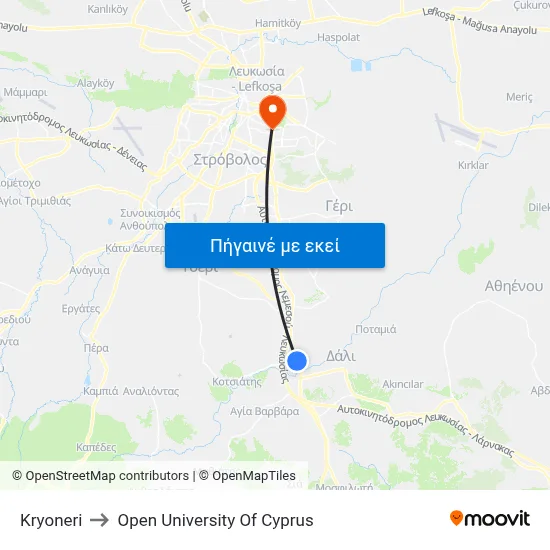 Kryoneri to Open University Of Cyprus map