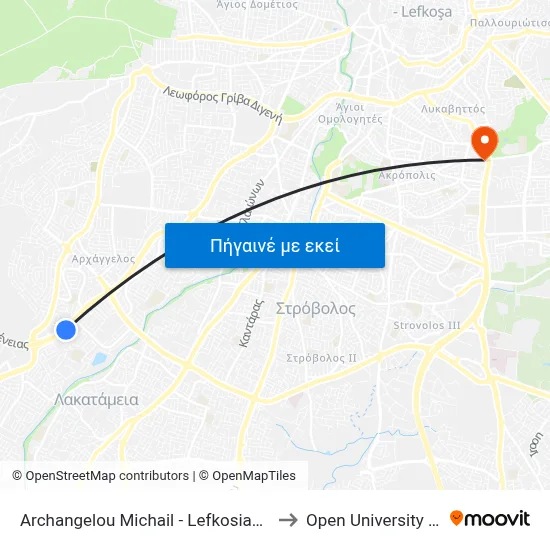 Archangelou Michail - Lefkosias - Troodous Hwy to Open University Of Cyprus map