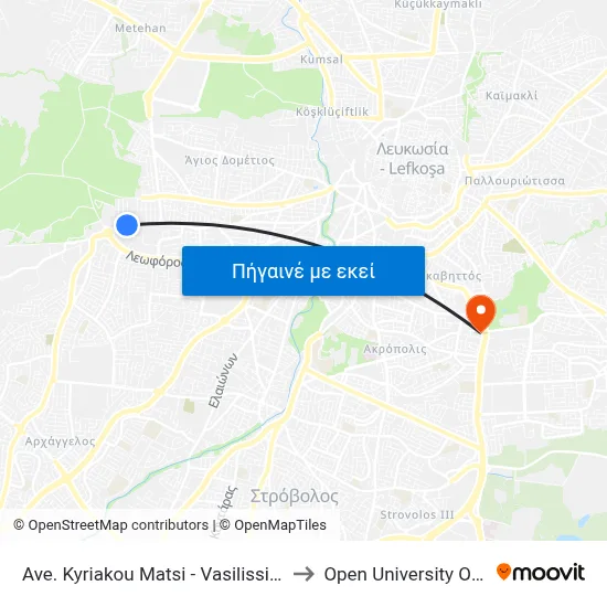Ave. Kyriakou Matsi - Vasilissis Freiderikis to Open University Of Cyprus map