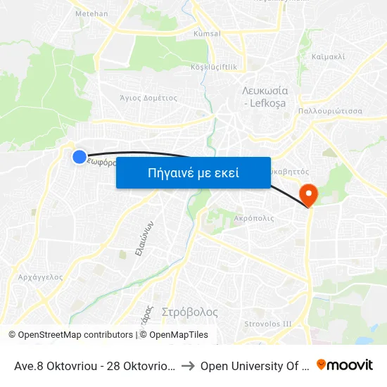 Ave.8 Oktovriou - 28 Oktovriou Avenue to Open University Of Cyprus map