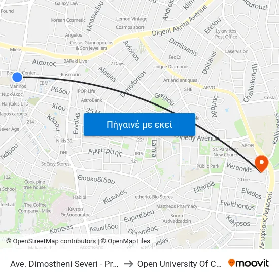 Ave. Dimostheni Severi - Prespas to Open University Of Cyprus map