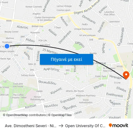 Ave. Dimostheni Severi - Nikitara to Open University Of Cyprus map