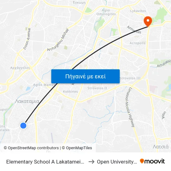 Elem. School A Lakatameia - Ag. Paraskevi to Open University Of Cyprus map