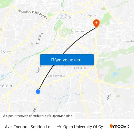 Ave. Tseriou - Sotiriou Lontou to Open University Of Cyprus map